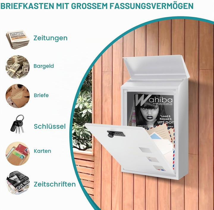 Briefkasten aus Stahl Wandmontiert mit Zahlenschloss - 3 Sichtfenster (4x4cm), Regenabweisend, Für H