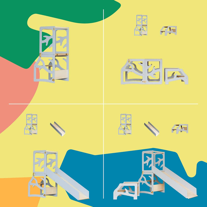 Weco Montessori Kinder Lernturm 3 in 1 Baum Design mit Rutsche und Tritthocker FSC Zertifikat Schrei