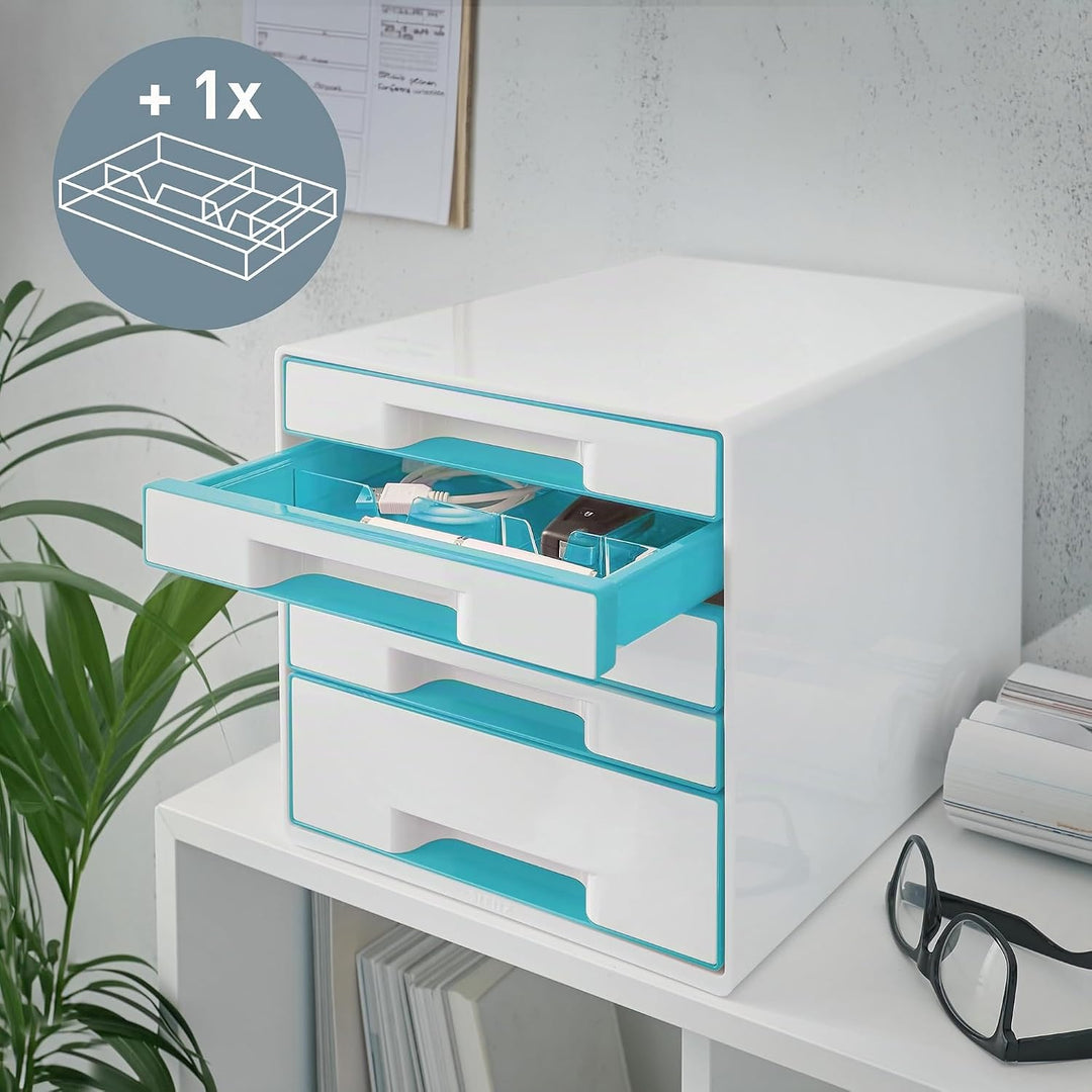 Leitz CUBE Schubladenbox mit 5 Schubladen, Weiss/Eisblau, A4, Inkl. transparentem Schubladeneinsatz,