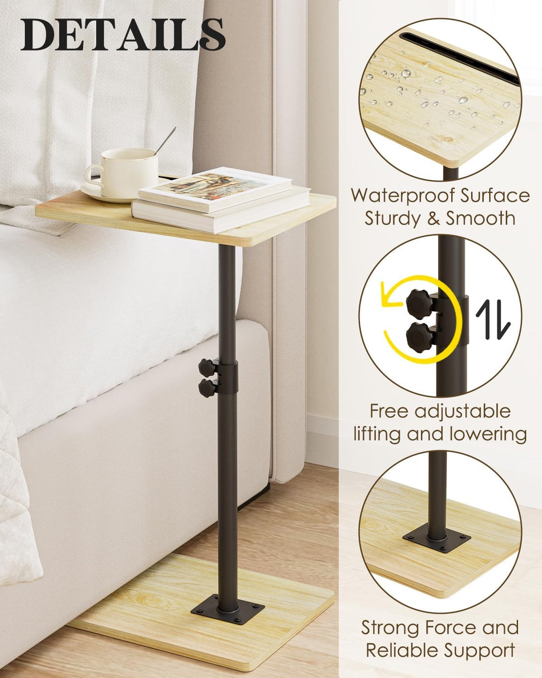 Apetaccat Beistelltisch C-Form, 360°Rotierend Couchtisch Klein, Höhenverstellbar Sofatisch,40x30x(45