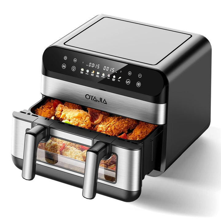 Heissluftfritteuse mit Sichtfenster, 10L XL Kapazität Doppel-Airfryer, 8-in-1 Kochvorgaben, LED Touc