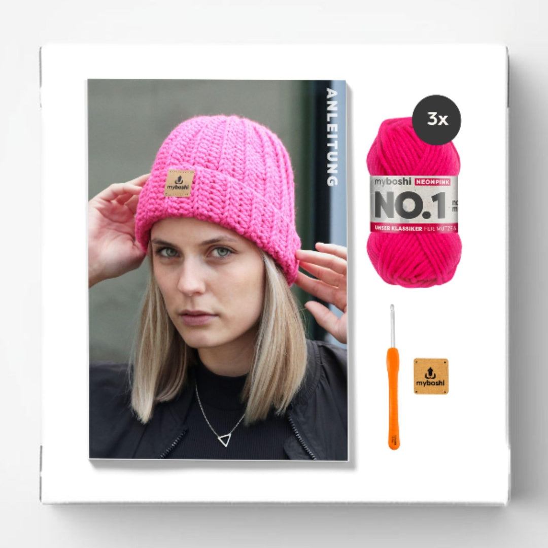 myboshi Häkelset Wintermütze Kanuma, inkl. No.1 Wolle, Nadel und Anleitung, Häkelpaket für Anfänger,