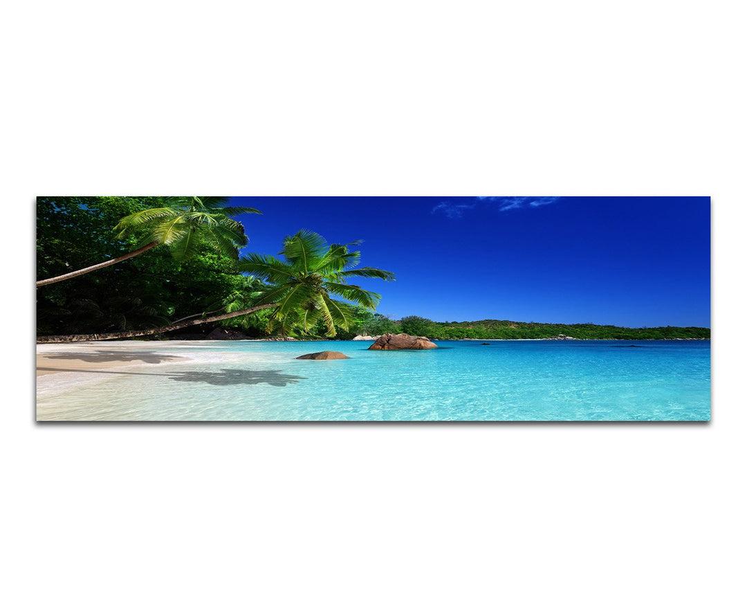 Panoramabild auf Leinwand und Keilrahmen 150x50cm Seychellen Strand Meer Palmen