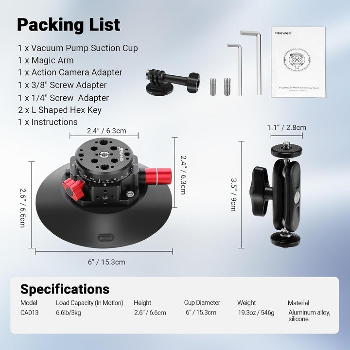NEEWER 15,2cm Kamera Saugnapfhalterung mit Kugelkopf Magic Arm,Metall Autohalterung für Kamera/Actio