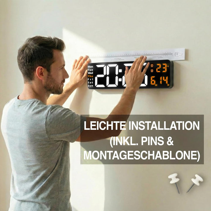 Opis Clock 1 XXL Weiss/Orange: Wanduhr Digital mit Temperaturanzeige, die Grosse Leuchtende LED Digi