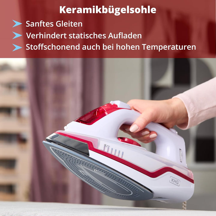 KHG Dampfbügeleisen DB-2202WR Rot Keramik, Anti-Kalk-Funktion, Abschaltautomatik, Selbstreinigungsfu