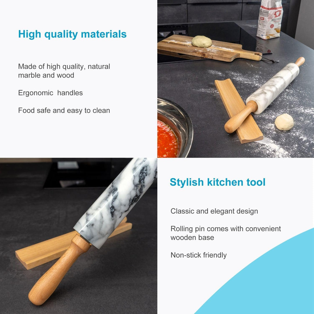 Intirilife Nudelholz aus Marmor mit Ablage in Weiss - 46.5 cm - Teigrolle, Backrolle, Wellholz, aus