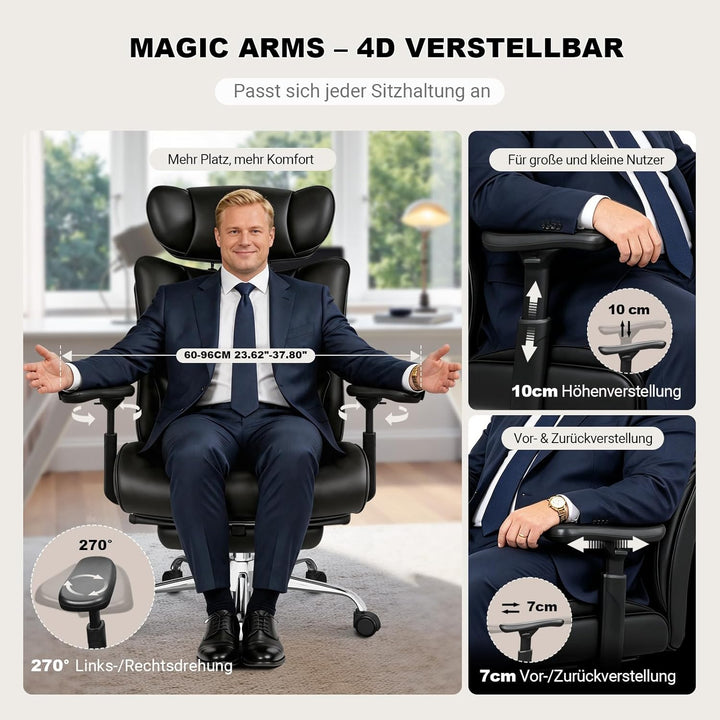 BASETBL Bürostuhl 200kg, 4D Armlehnen, Chefsessel mit 4-stufiger Gasdruckfeder, Verstellbarer Lenden