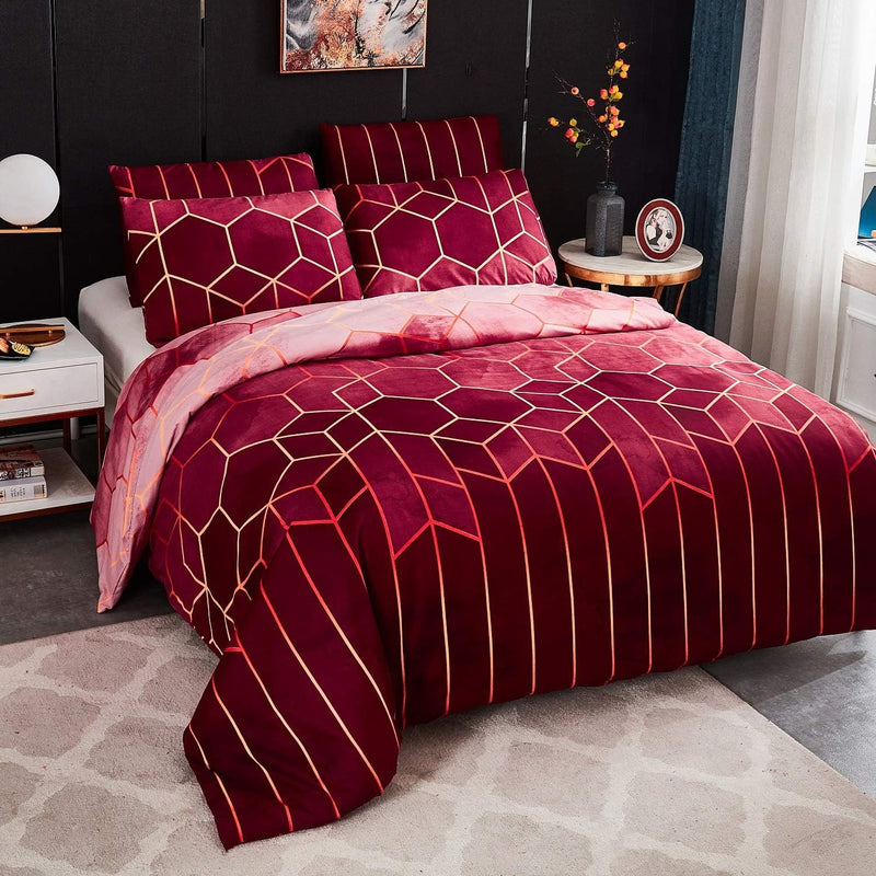 Luofanfei Bettwäsche Gestreift 135x200cm 4teilig Weinrot Geometrisch Bettbezug Set Microfaser Bettde