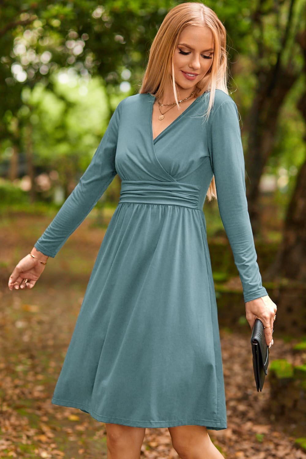 OUGES Sommerkleid Damen Kurzarm V-Ausschnitt Knielang Blumenmuster Midi Kleid mit Taschen S Blau-01,