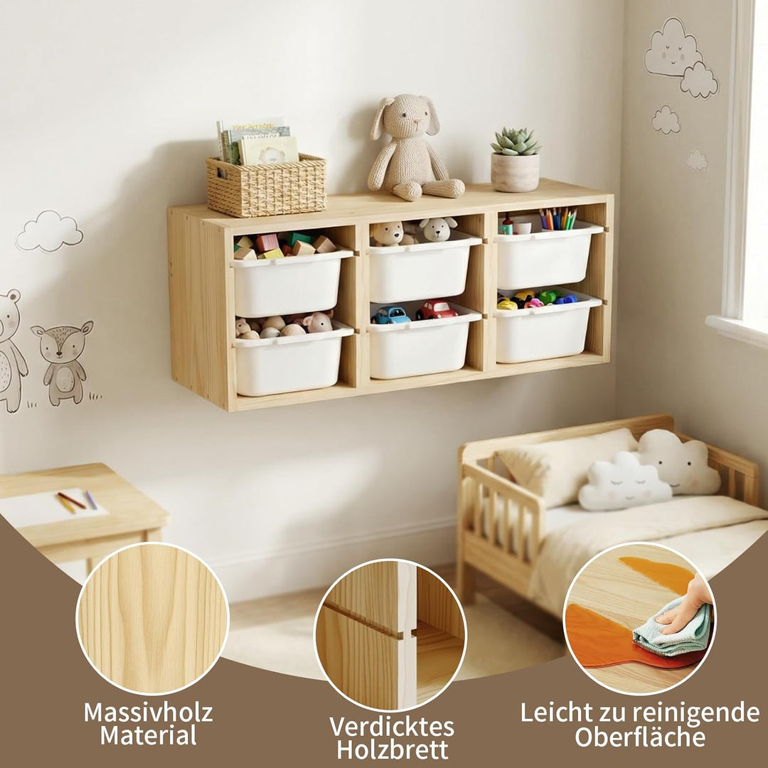 Montessori-Spielzeugregal aus Massivholz zur Wandmontage mit 6 Fächern, Spielzeugablage mit Ablagefl