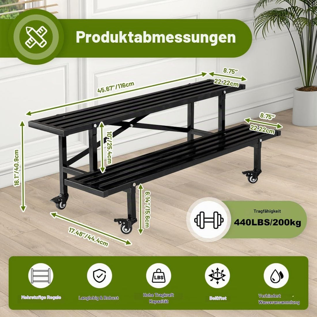 CStern Blumenregal mit Rollen,Metall Blumenständer,2 Etagen Blumentreppe,Schwarz Pflanzenregal,Pflan