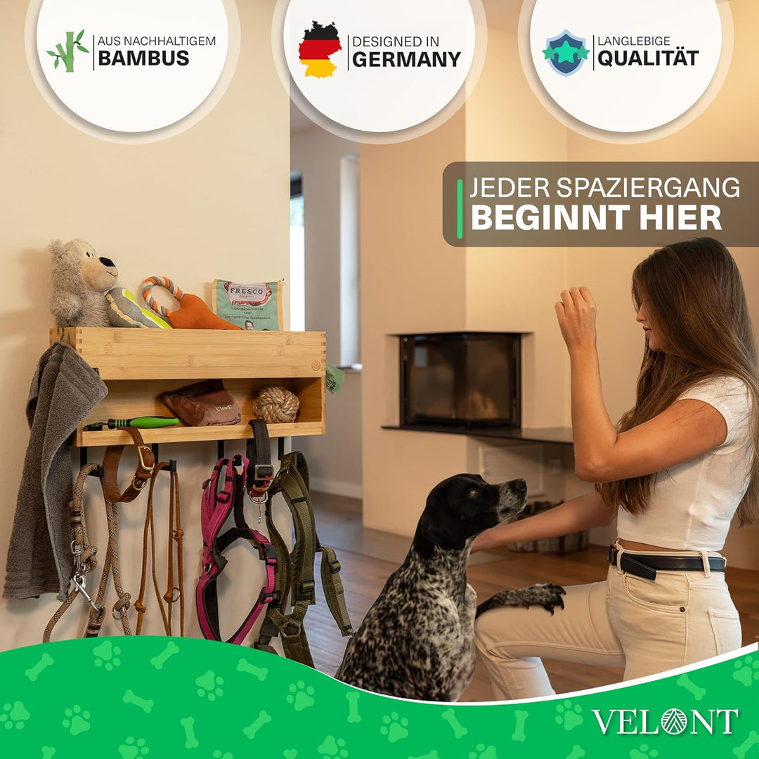 VELONT Hundegarderobe mit Ablage Personalisiert - Grösse XL - Perfekter Leinenparkplatz - Bambus - D