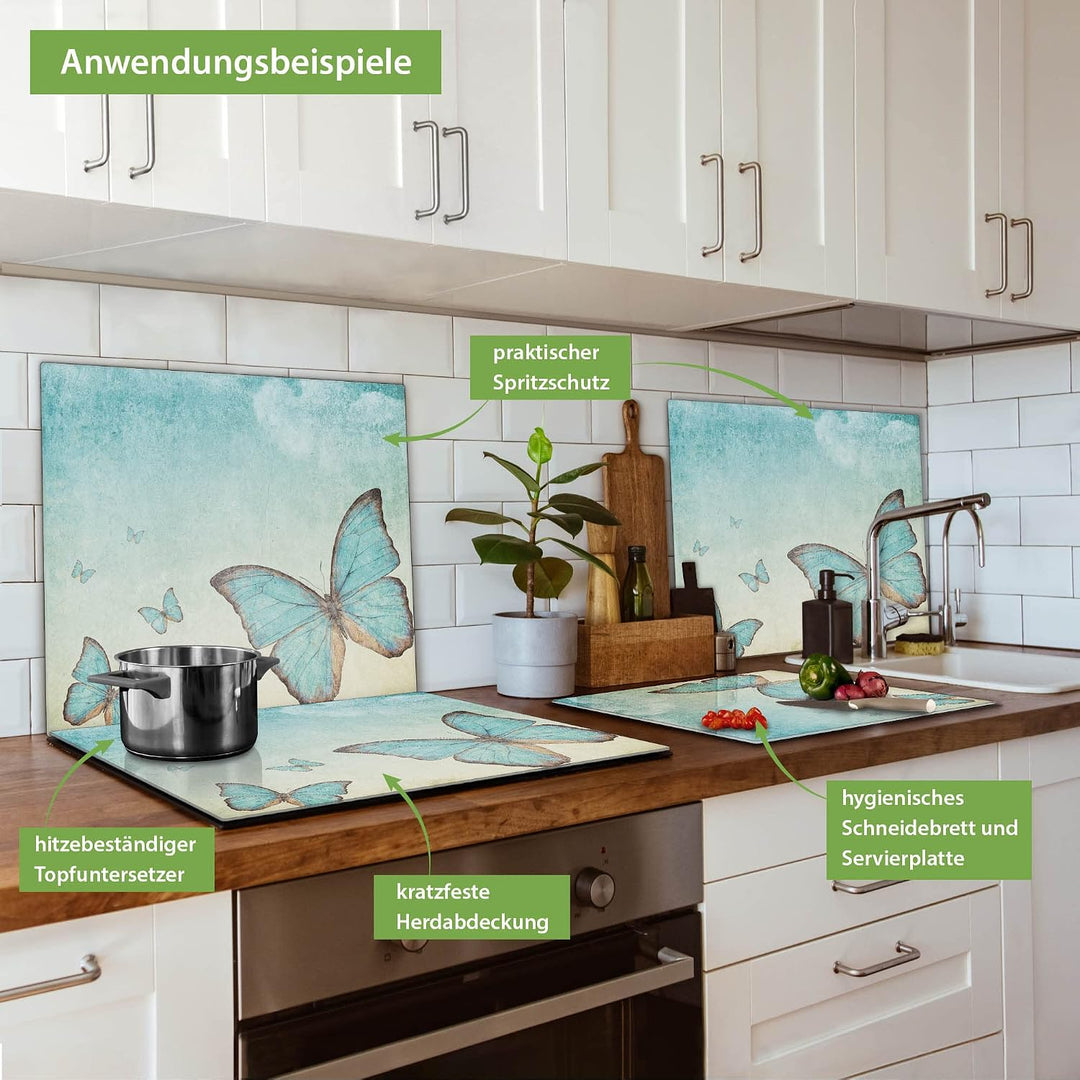 banjado® Herdabdeckplatte Glas 1-teilig 60x52 cm/Schneidebrett Herdabdeckung mit Motiv Blaue Schmett