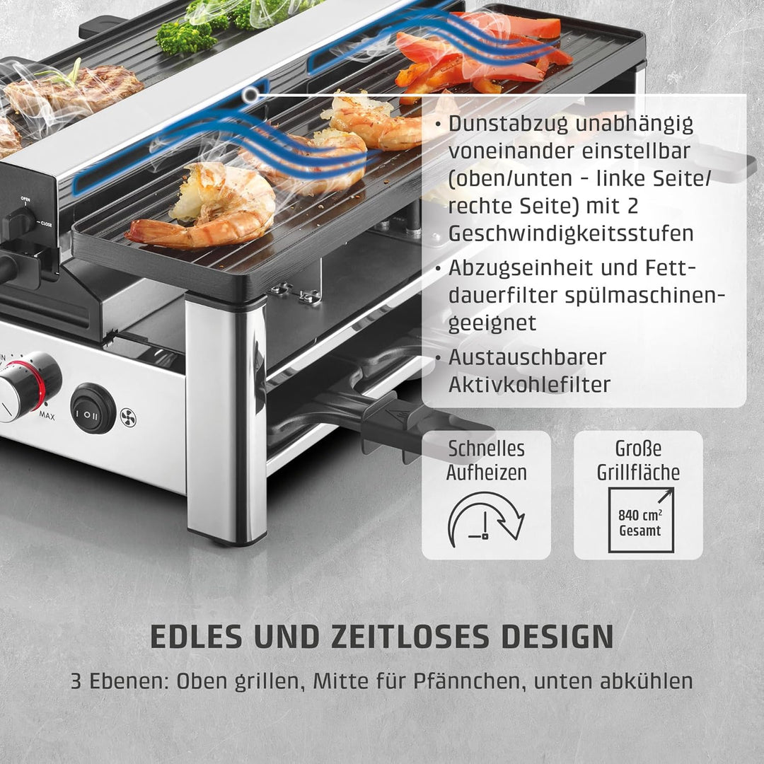 CASO Raclette AirClean - Raclettegrill mit integriertem Dunstabzug, für 8 Personen, schnelles Aufhei