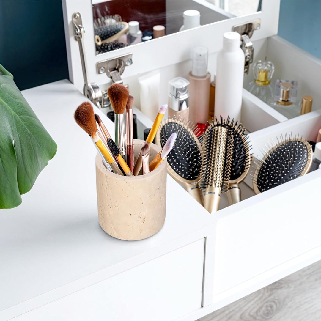 Travertin Rund Dose Modern Wattestäbchen Box Wattepadspender mit Deckel Make-up Tupferhalter für Bad