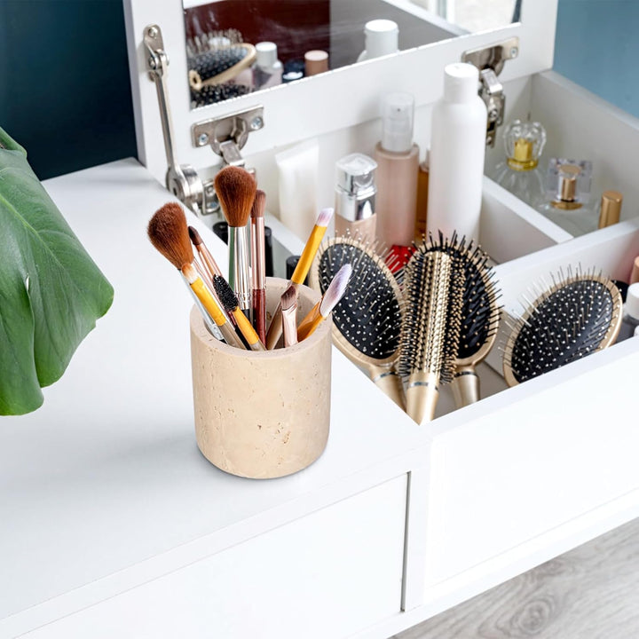 Travertin Rund Dose Modern Wattestäbchen Box Wattepadspender mit Deckel Make-up Tupferhalter für Bad