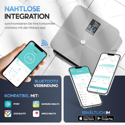 HELDENWERK Personenwaage Körperfettwaage, Waage Personen mit App & Vollflächensensor 180 kg/400 lbs,