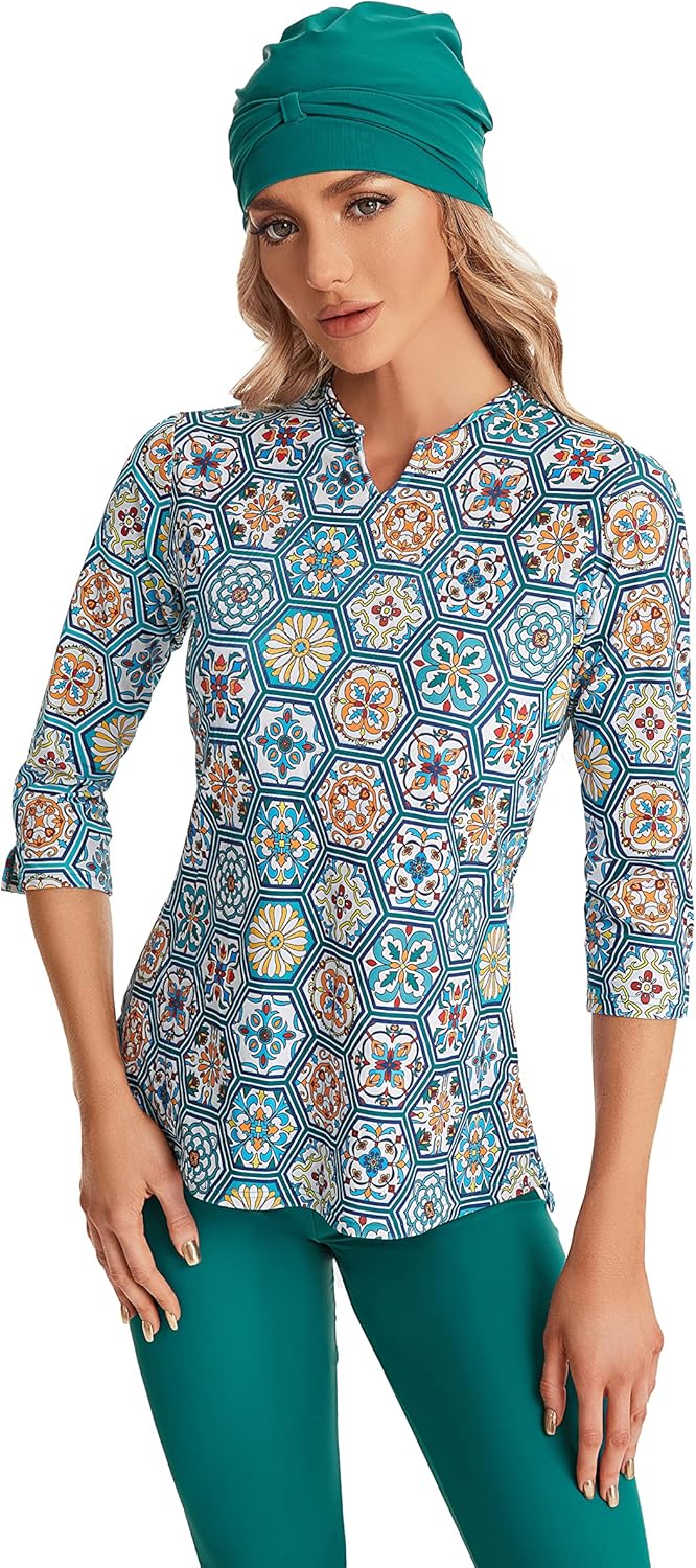 3/4 Sleeve Bescheidene Badeanzug für Frauen und Mädchen Elegante Kurzarm Bikinis Surfen Bademode Gep