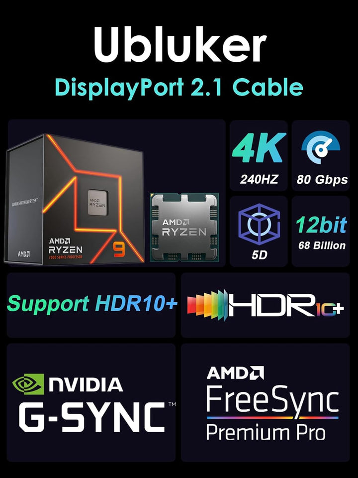 16k 8k DisplayPort 2.1 Kabel 80Gbps 1M, Zertifiziert Ultra-high Bit Rate DP Kabel UHBR20 HDR10+ DSC1