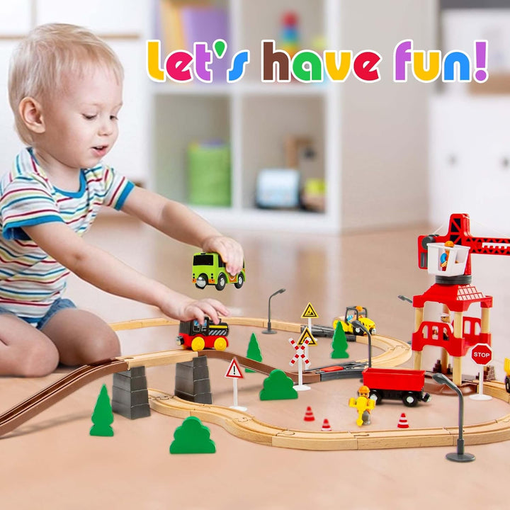 86PCS Holzeisenbahn Set mit Kran, Eisenbahn Holz mit Kran Spielzeug, Holz Eisenbahn Kinder, Passend