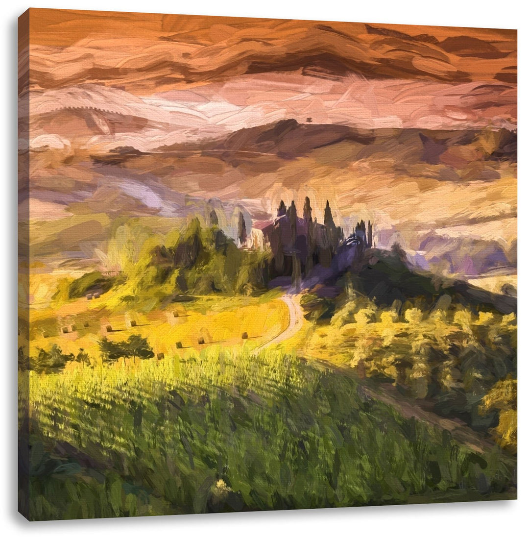 Pixxprint Toskana Landschaft mit Feldern als Leinwandbild/Grösse: 70x70 cm/Wandbild/Kunstdruck/ferti