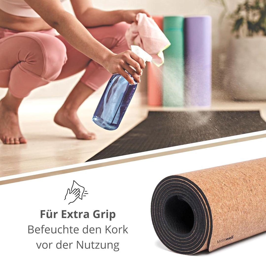 Mosswell Yogamatte aus Kork & TPE - 4mm rutschfest phthalatfrei Mit, Mit Hilfslinie