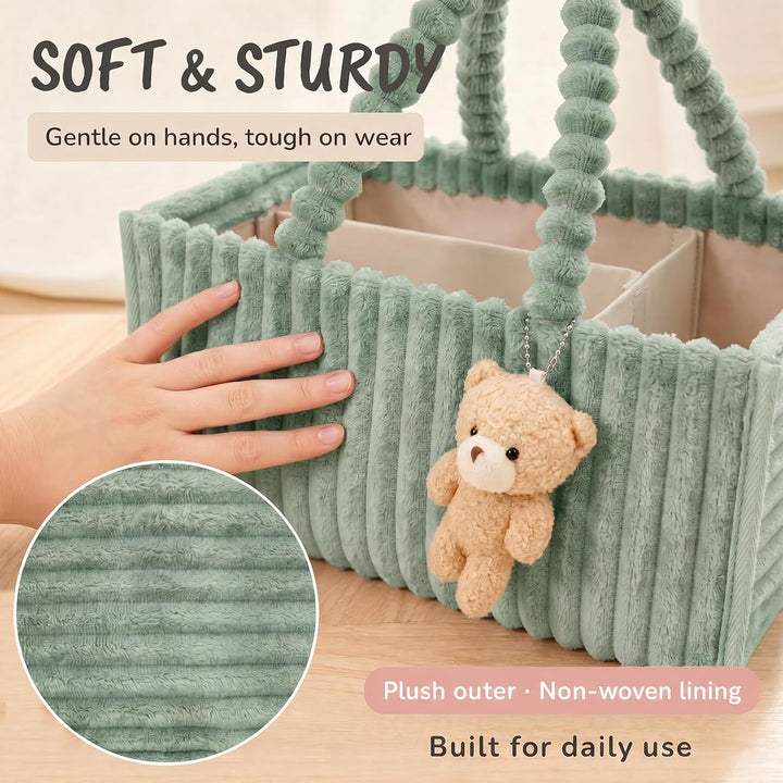 Windel Caddy Organizer aus Plüsch Baby Aufbewahrungsbox mit Bären Anhänger Grün, Grün
