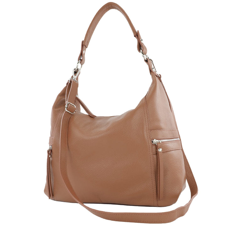 modamoda de - T229 - ital Schultertasche Shopper aus Leder Schokobraun, Schokobraun