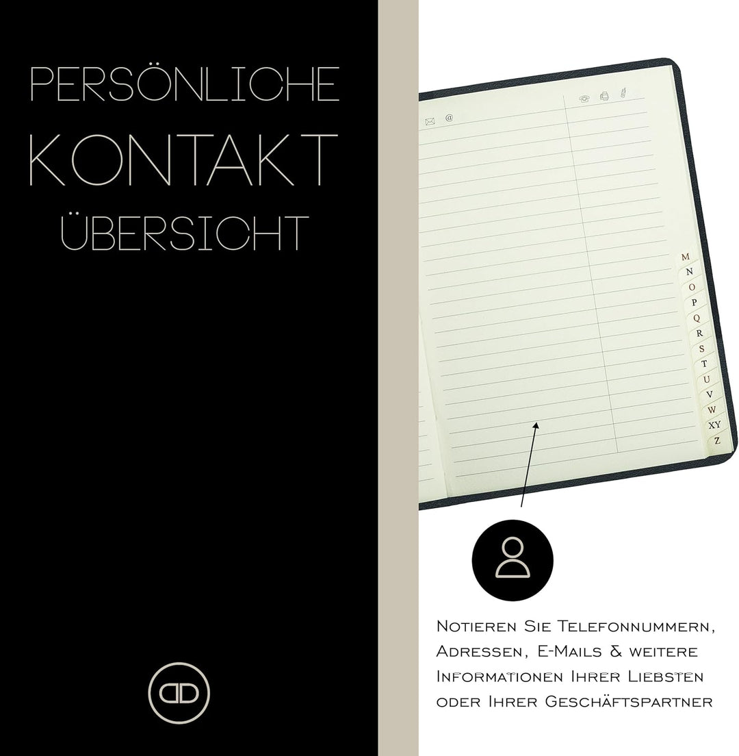 DELMON VARONE - Personalisierbares Adressbuch DIN A6+ gebunden mit A-Z Register Boxcalf Leder schwar