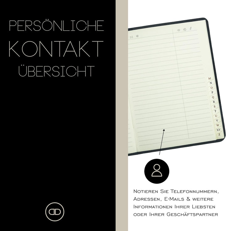 DELMON VARONE - Personalisierbares Adressbuch DIN A6+ gebunden mit A-Z Register Boxcalf Leder schwar