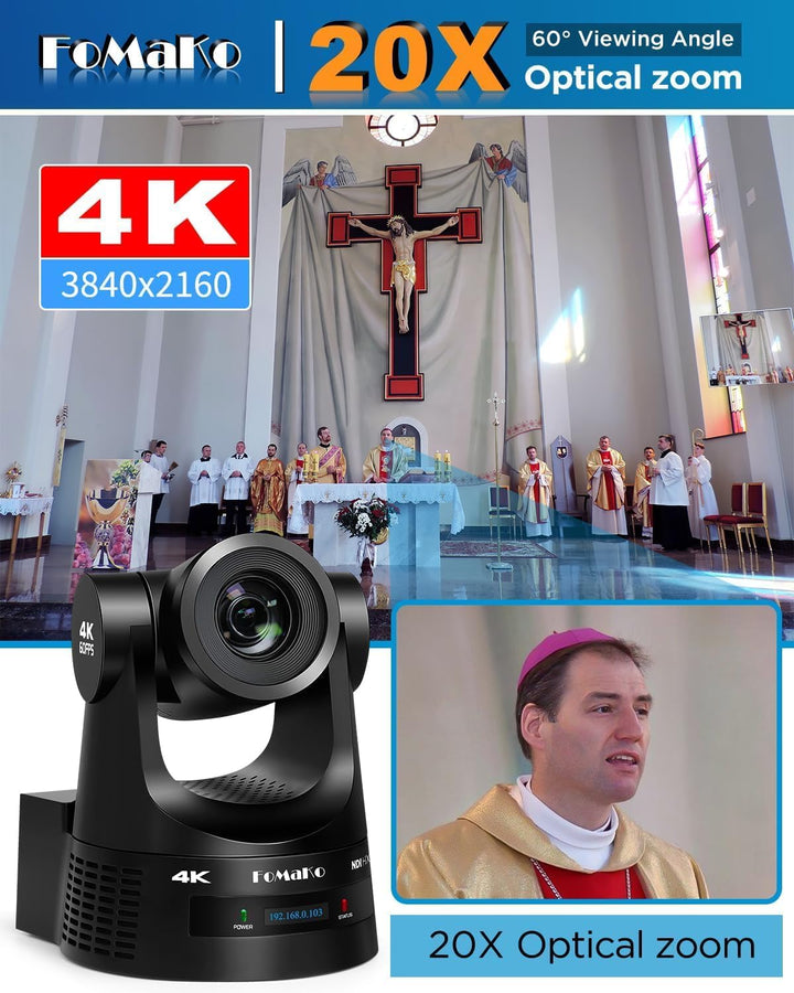 FoMaKo 4K NDI PTZ Set BK203, 4K 60fps NDI HX3 20x Optischer Zoom KI-Auto-Tracking, mit 3G-SDI/HDMI/U