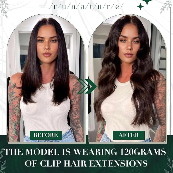 RUNATURE Echthaar Extensions Clip in Naturliches Schwarz 30cm Gerade Extensions Clip in Echthaar Rem