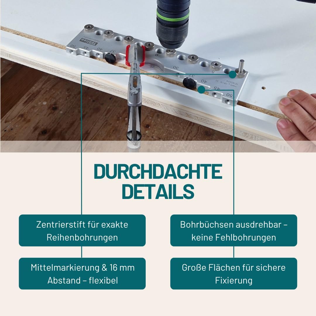 Bohrlehre für Lochreihen, Bohrgruppen und Griffbohrungen im 32mm Abstandsmass Bohrdurchmesser 5mm (0