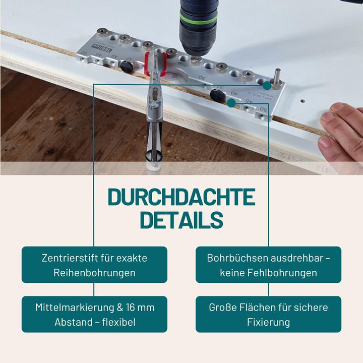 Bohrlehre für Lochreihen, Bohrgruppen und Griffbohrungen im 32mm Abstandsmass Bohrdurchmesser 5mm (0