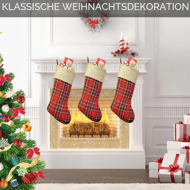 2 Stück Weihnachtsstrumpf, Plaid Nikolausstrumpf 48cm gross mit Jute Cuff zum befüllen, Dekoration f