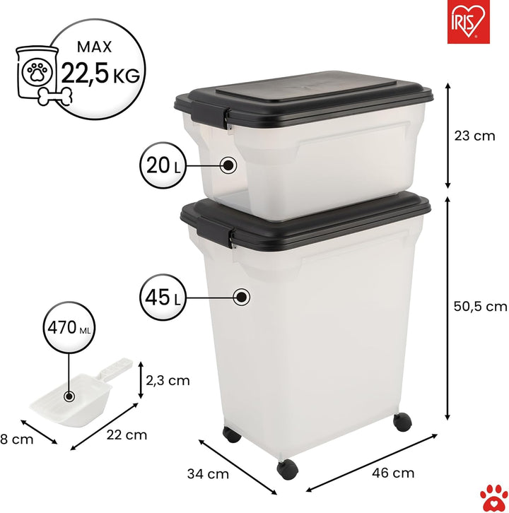 Iris Ohyama Hundefutter Aufbewahrung mit Rollen, 45L+20L, Schwarz, Luftdichte Futterbox, Trockenfutt