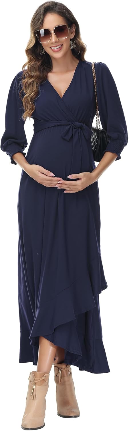 KOJOOIN Damen Umstandskleid V-Ausschnitt Stillkleid Kurzarm Schwangerschaftskleid mit Rüschen Blumen
