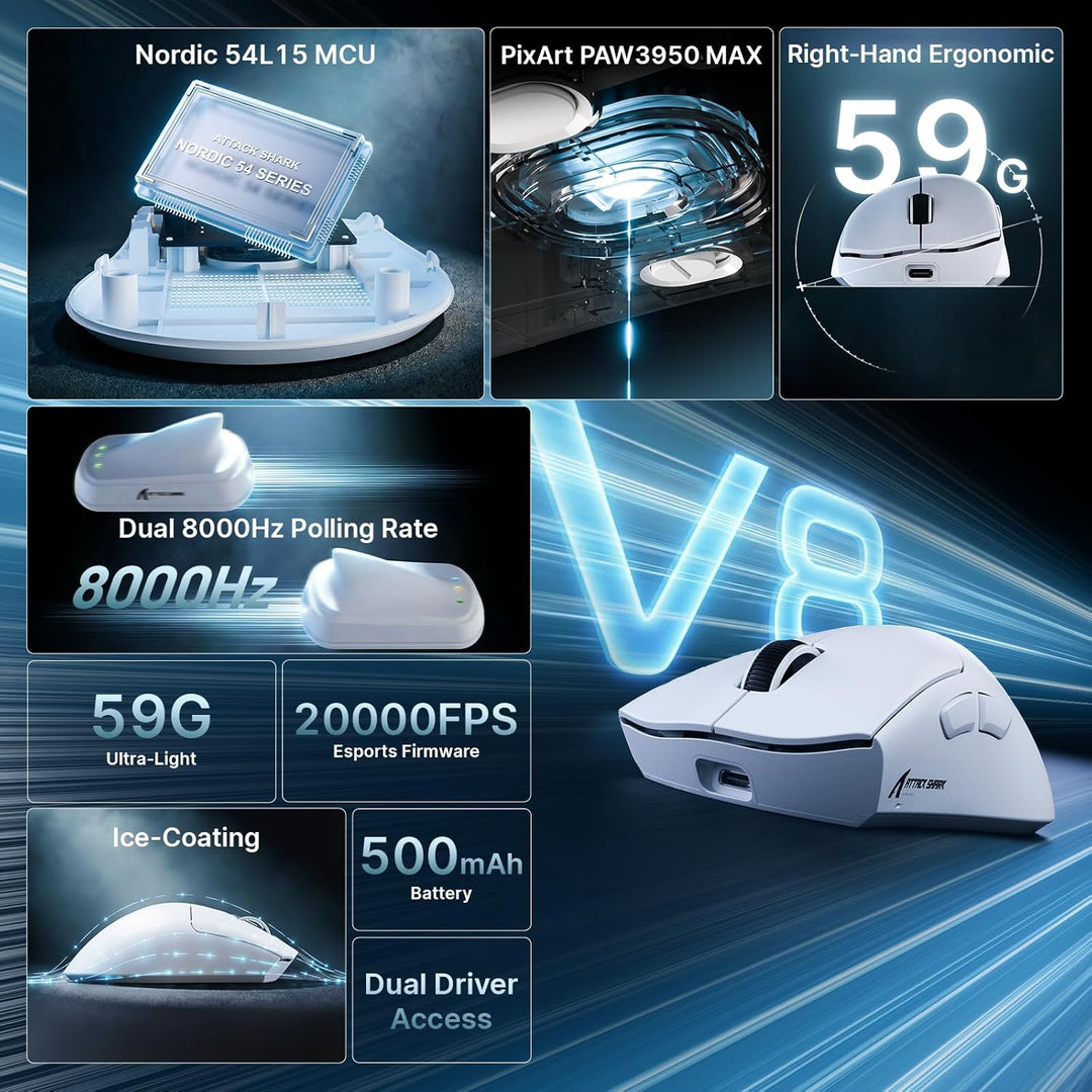 ATTACK SHARK V8 8000Hz Kabellose Gaming-Maus, Nordic 54L15 Chip, PAW3950MAX Sensor, 42000 DPI, 20000