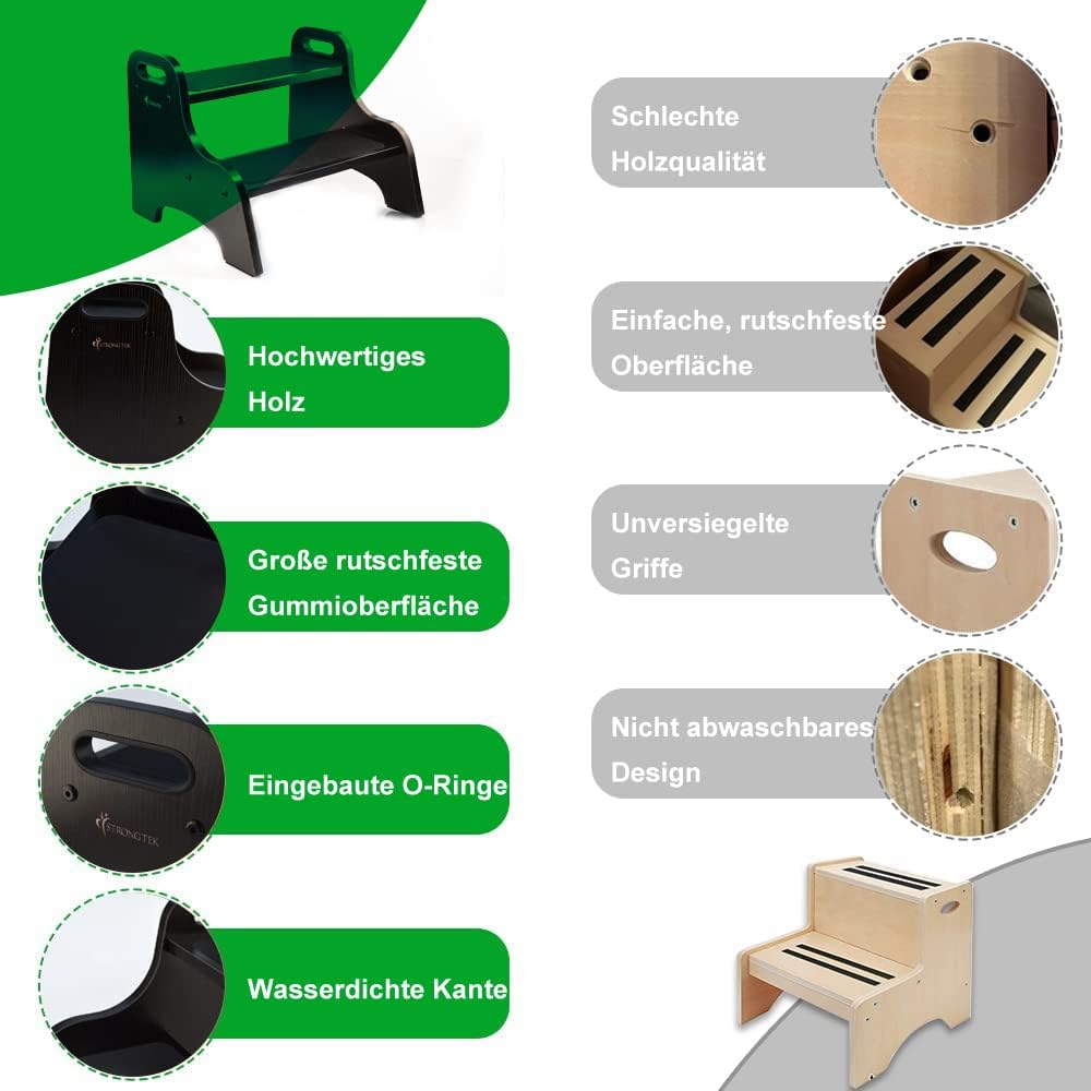 StrongTek Wood 2 Tritthocker für Kinder mit Rutschfester Trittfläche, tragbaren Griffen, rutschfeste