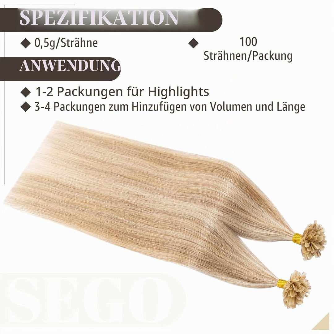 SEGO Bondings Extensions Echthaar 0.5g/Strähnen Haarverlängerung Keratin U-Tip Glue 100 Strähnen 100