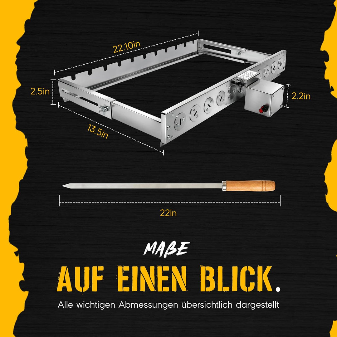 Elektrischer Spiessdreher BBQ Rotisserie Set mit regulierbaren Motor – Edelstahl Grillaufsatz für Ga