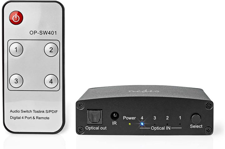 Nedis Digital-Audio-Switch | 4-Wege | Anschlüsse – Eingang: DC Power / 4X TosLink | Anschlüsse – Aus