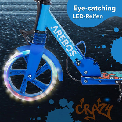 Arebos Cityroller Tretroller mit LED | höhenverstellbar | klappbar | inkl. Tragegurt | Hand- & Tritt