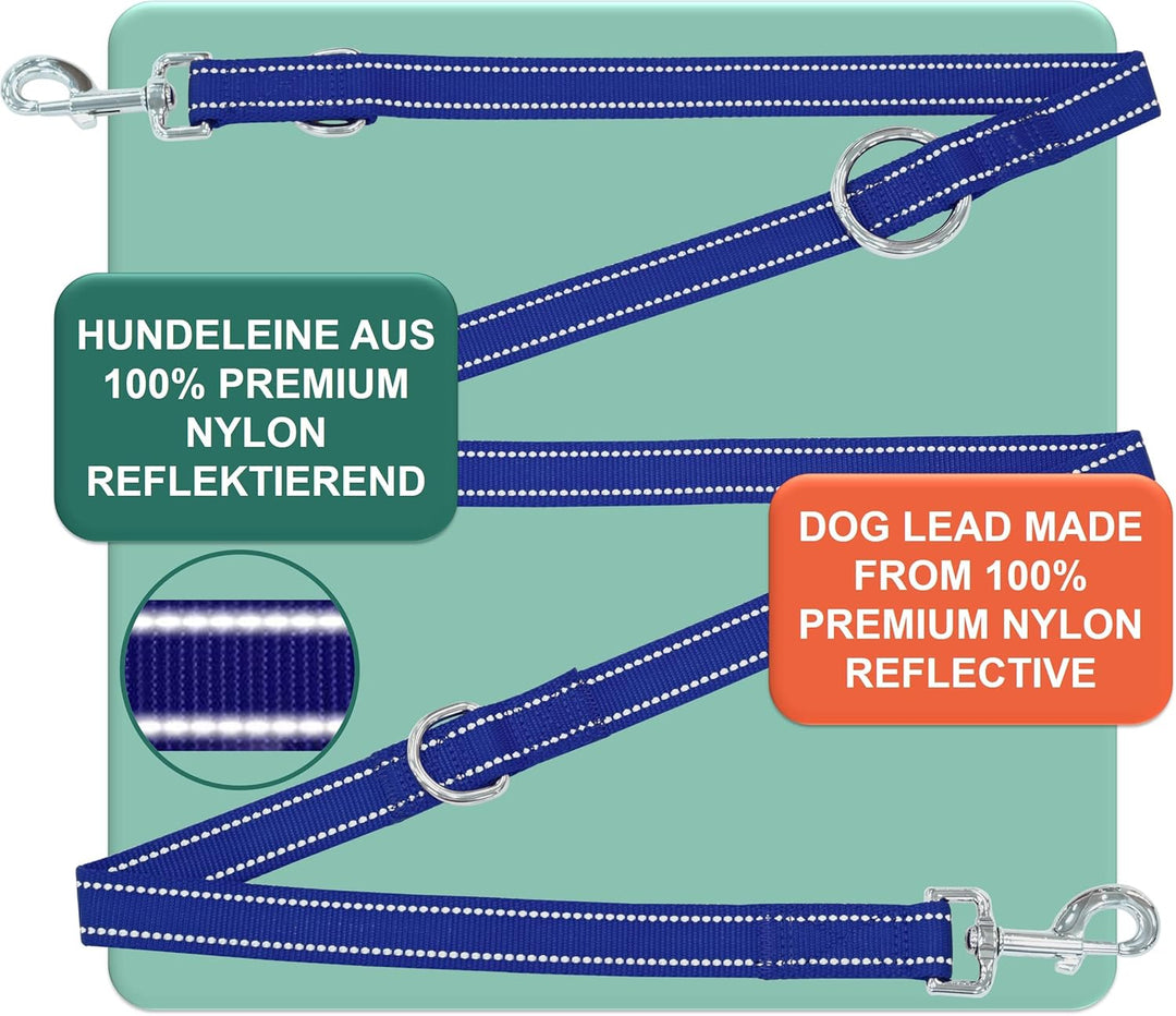 DEY - Premium Hundeleine Nylon 2m | Reflektierend | 3fach Verstellbar | für Kleine, Mittelgrosse u.