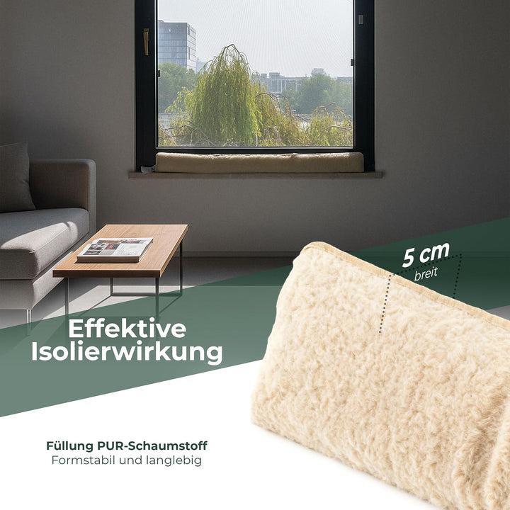 Zugluftstopper für Fenster 150cm Natur Schurwolle – stoppt Zugluft &amp; Kälte, dämpft Lärm/Staub/Licht,