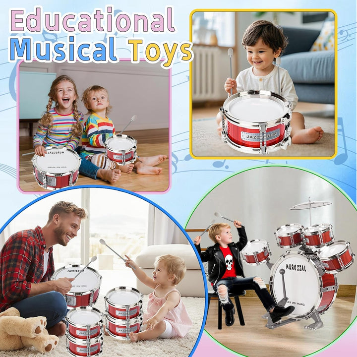 m zimoon Kinder Schlagzeug Schlagwerk Drumset, Jazztrommel Kleinkind Spielzeug 5 Trommeln mit Hocker