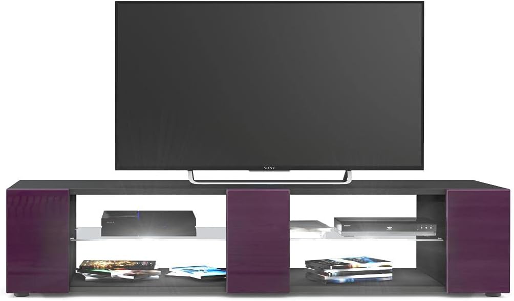 Vladon Lowboard Movie V2, TV-Kommode mit 6 offenen Fächern und Zierleisten, Schwarz matt/Brombeer Ho