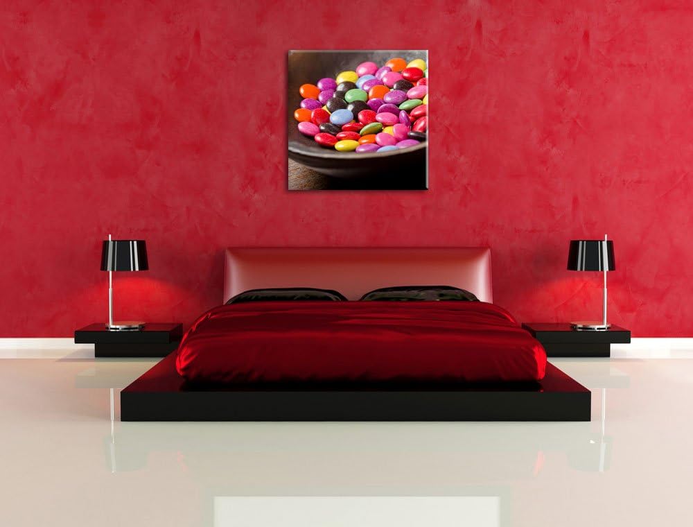 Pixxprint Bunte Schokolinsen in Schale, Format: 70x70 auf Leinwand, 70x70