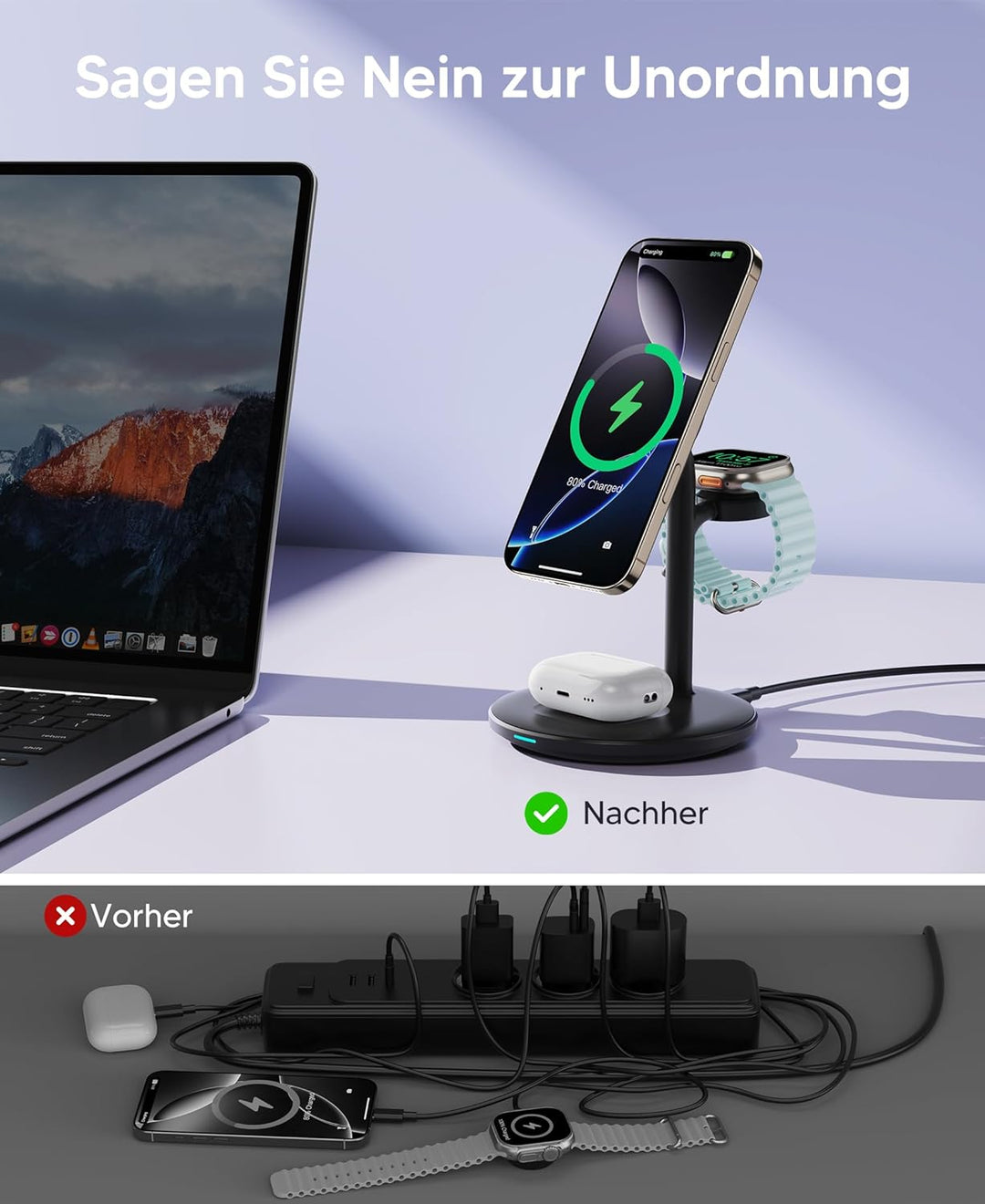 3 in 1 Induktive Ladestation für mehrere Geräte,15W Kabellos Ladestation,Wireless Charger Kompatibel
